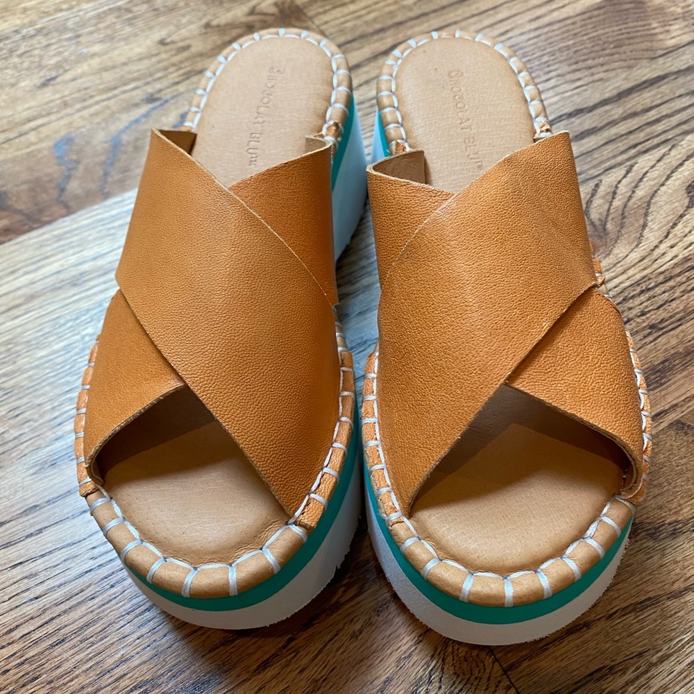 Chocolat Blue Leather Strap Platform Wedges